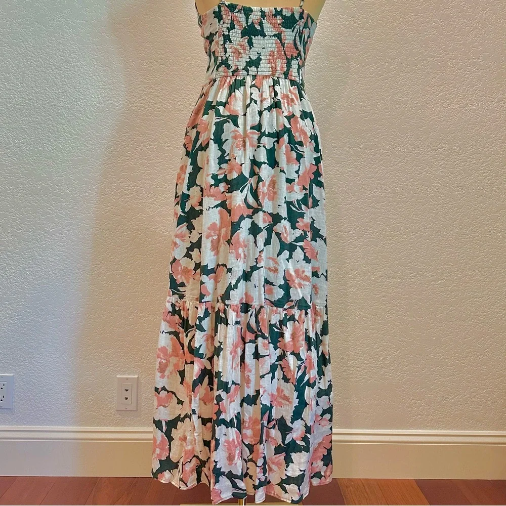 Abercrombie &‎ Fitch Green Coral Floral V-Neck Plunge Linen Blend Maxi Dress